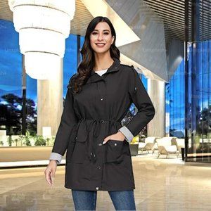 Black Trench Coat Rain Jacket Zipper Snap Buttons Removable Hood Size M NEW